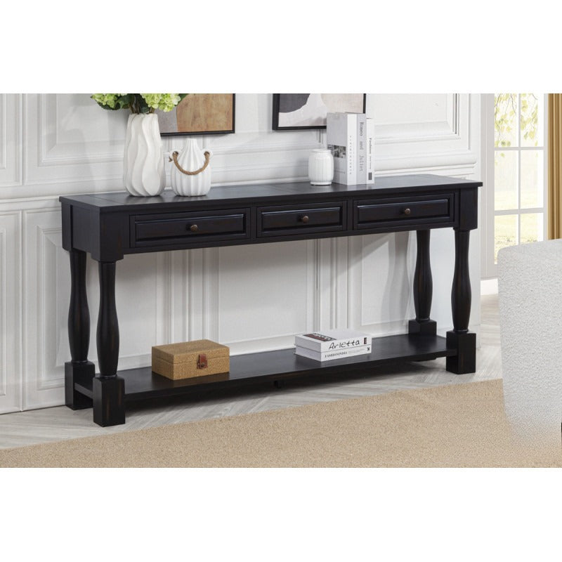 63" Long Console Table with Drawers and Shelf for Entryway, Hallway, Living Room, Acacia Wood Table, Espresso Finish