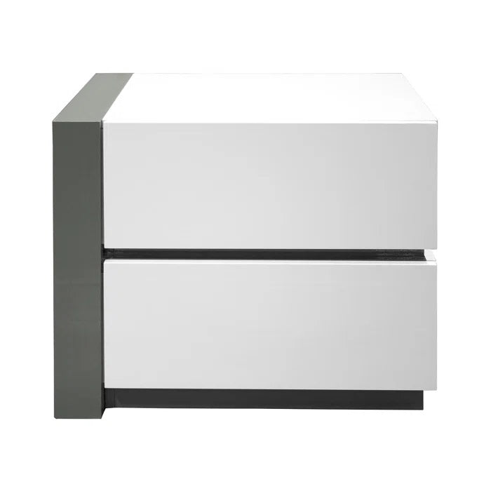 Modern Lacquer Nightstand Table with 2 Drawer for Bedroom Living Room, Wooden Bedside Table, White/Silver