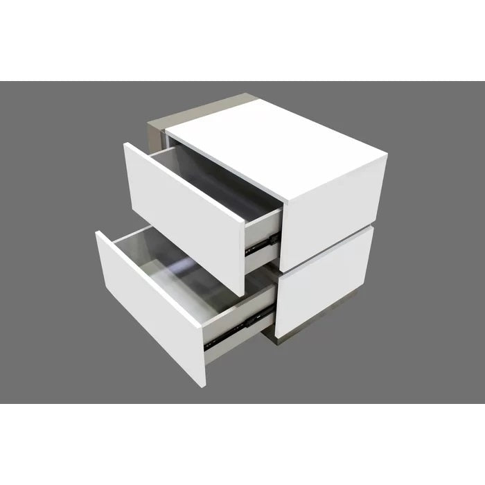 Modern Lacquer Nightstand Table with 2 Drawer for Bedroom Living Room, Wooden Bedside Table, White/Silver