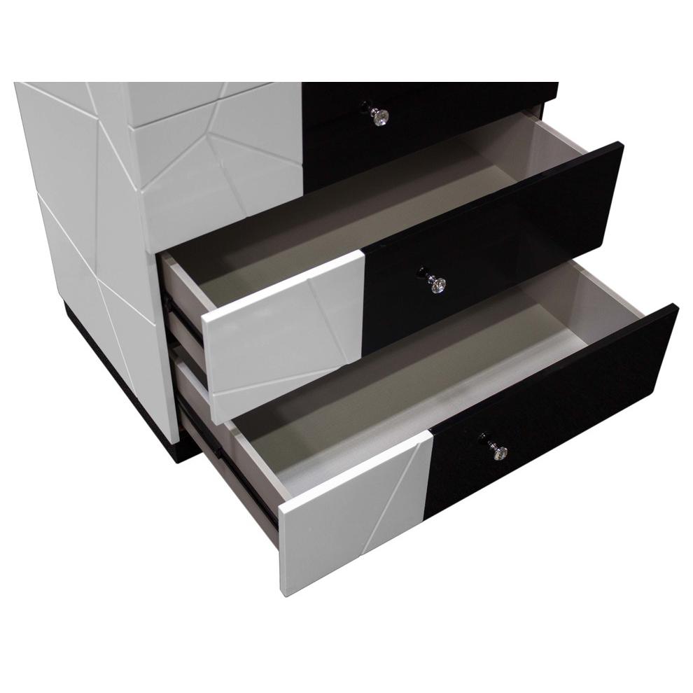 Modern Bedroom 5-Drawer Chest Lacquer Finish Wood Storage Unit, Clothes Organizer, Geometric Pattern and Crystal Knob, Black/White