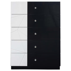 Modern Bedroom 5-Drawer Chest Lacquer Finish Wood Storage Unit, Clothes Organizer, Geometric Pattern and Crystal Knob, Black/White