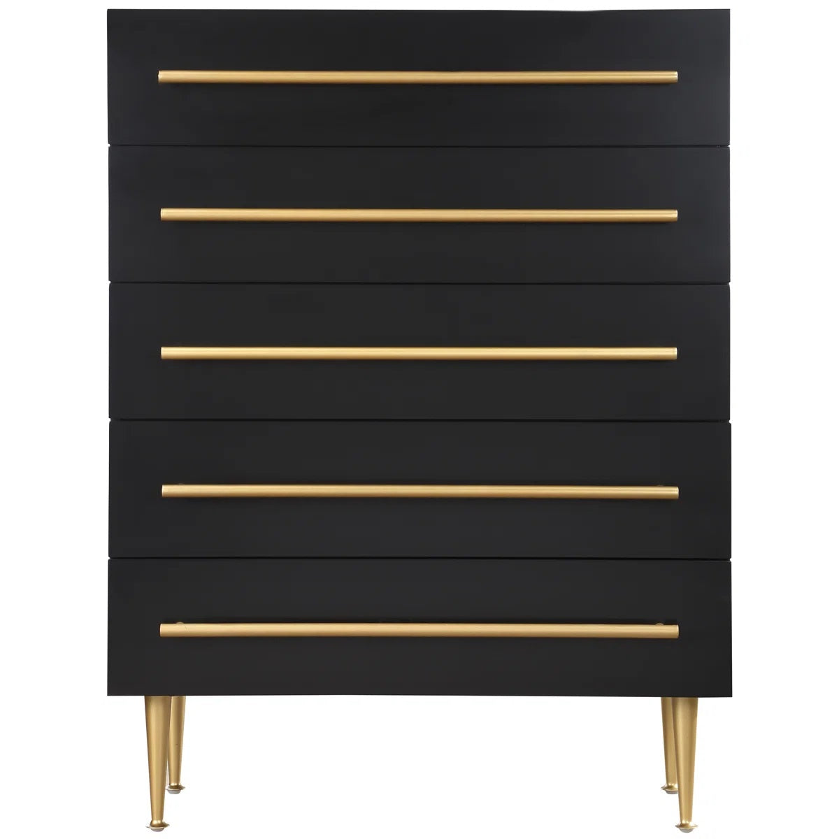 Contemporary 5-Drawer Chest with Gold Accent, 1 Piece Drawer Dresser for Bedroom, Wooden Storage Unit, Black