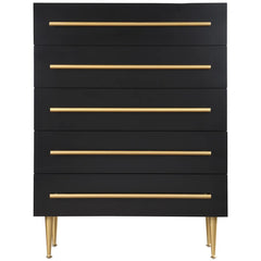 Contemporary 5-Drawer Chest with Gold Accent, 1 Piece Drawer Dresser for Bedroom, Wooden Storage Unit, Black
