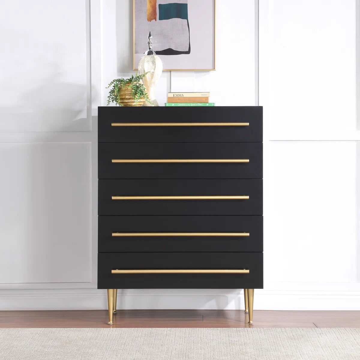 Contemporary 5-Drawer Chest with Gold Accent, 1 Piece Drawer Dresser for Bedroom, Wooden Storage Unit, Black