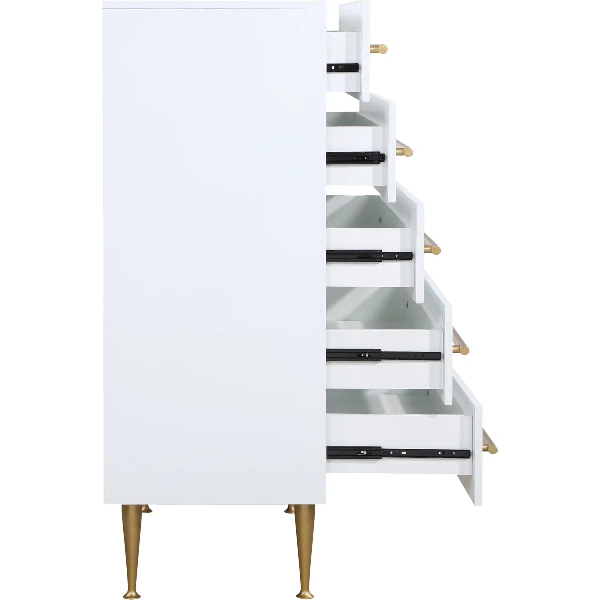 Contemporary 5-Drawer Chest with Gold Accent, 1 Piece Drawer Dresser for Bedroom, Wooden Storage Unit, White