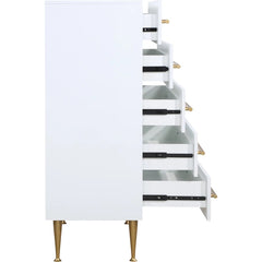 Contemporary 5-Drawer Chest with Gold Accent, 1 Piece Drawer Dresser for Bedroom, Wooden Storage Unit, White