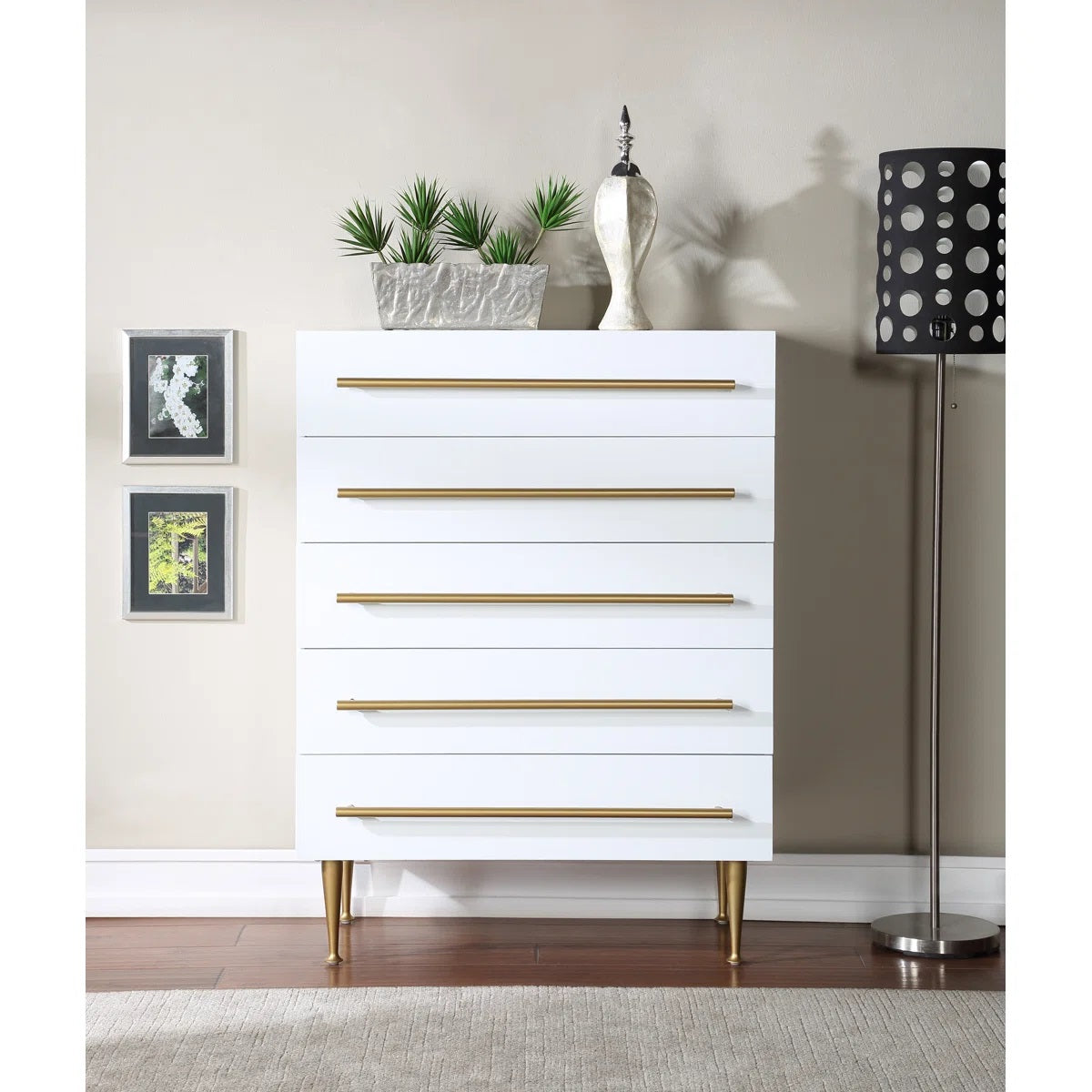 Contemporary 5-Drawer Chest with Gold Accent, 1 Piece Drawer Dresser for Bedroom, Wooden Storage Unit, White