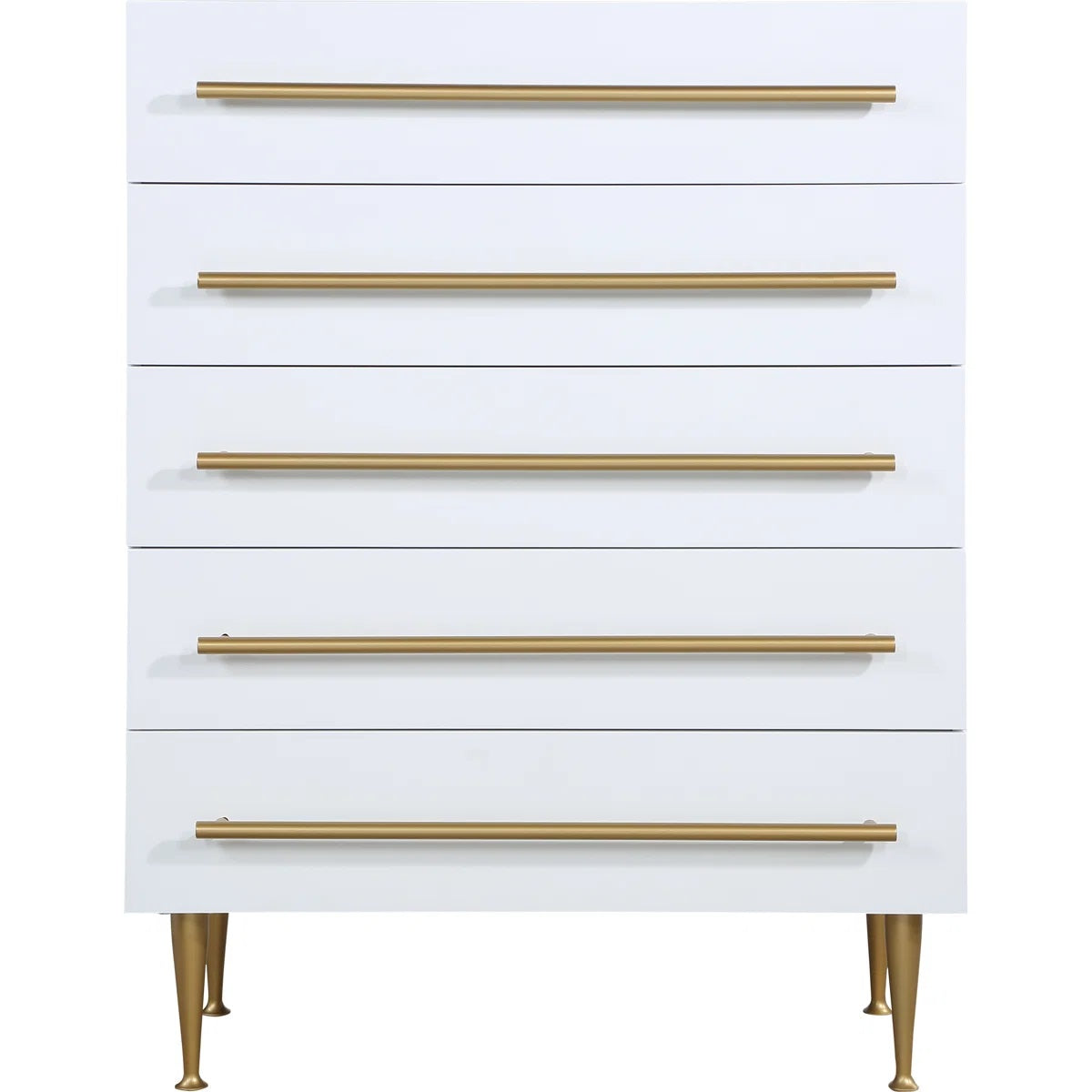 Contemporary 5-Drawer Chest with Gold Accent, 1 Piece Drawer Dresser for Bedroom, Wooden Storage Unit, White