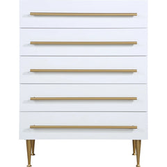 Contemporary 5-Drawer Chest with Gold Accent, 1 Piece Drawer Dresser for Bedroom, Wooden Storage Unit, White