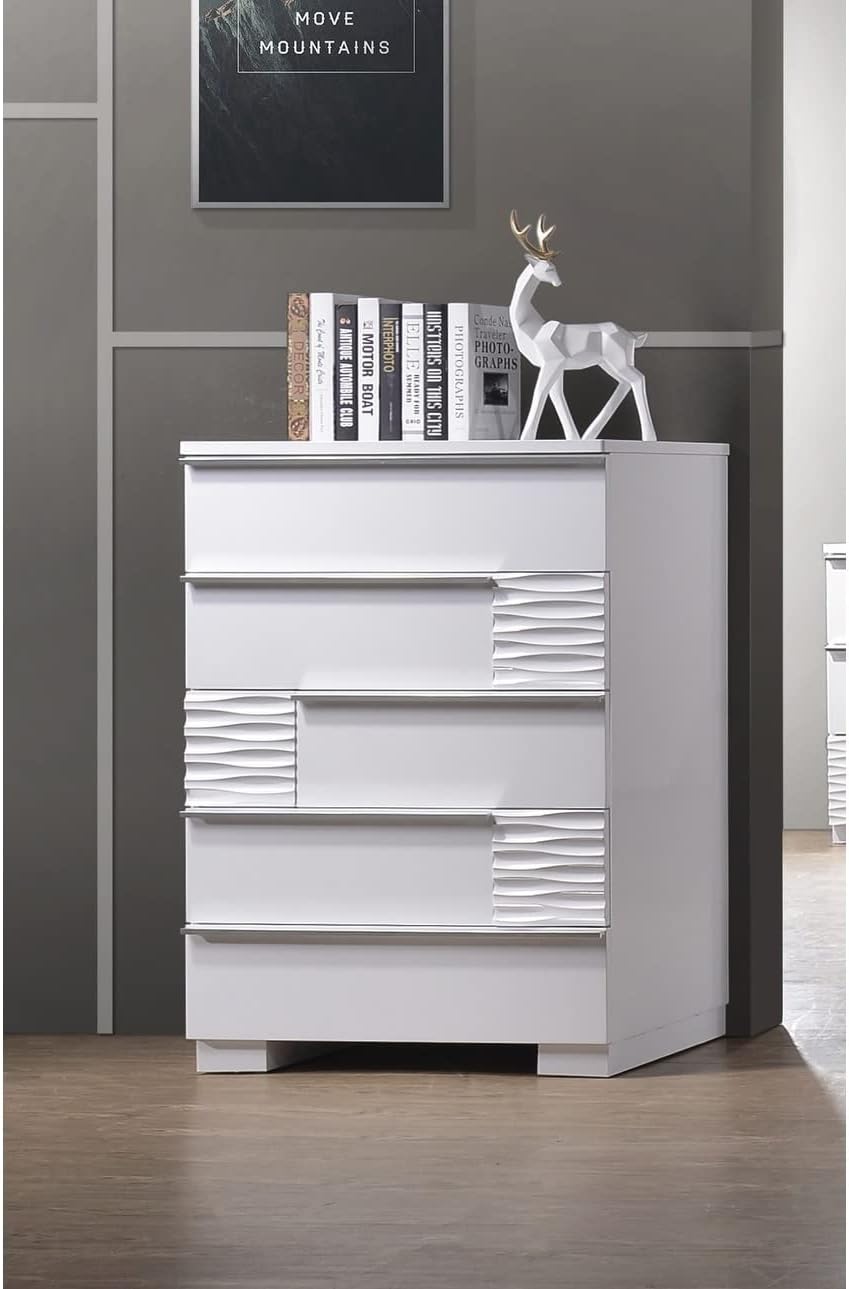 Modern Bedroom 5-Drawer Chest in White Lacquer, Poplar Wood Chest of Drawer