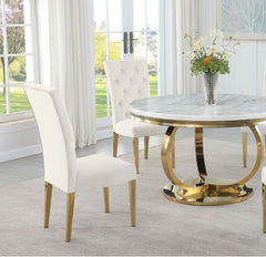 Modern Velvet Upholstered Dining Chair Set of 2, Gold Finish Legs Tufted Kitchen Chair, Cream
