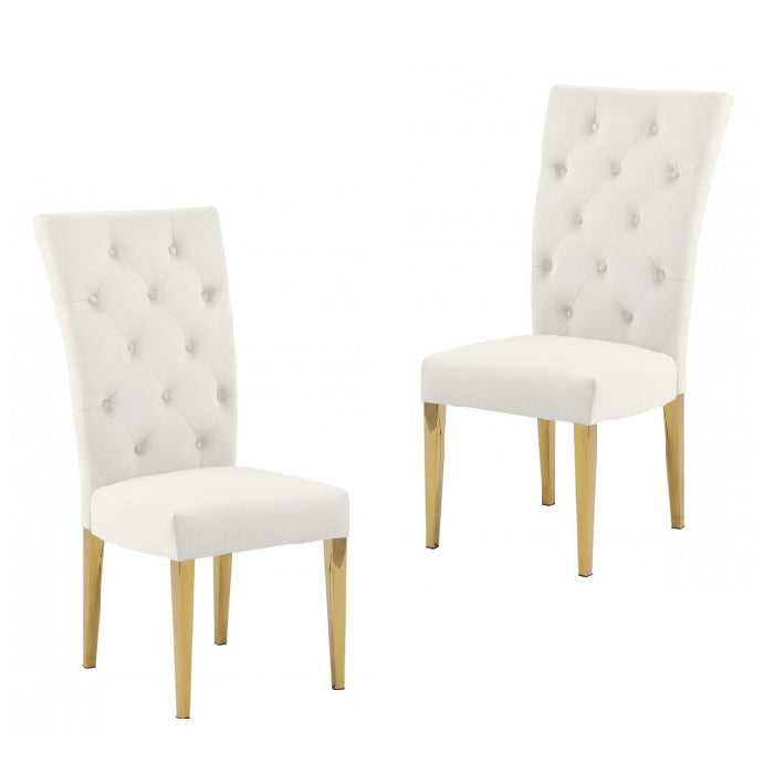 Modern Velvet Upholstered Dining Chair Set of 2, Gold Finish Legs Tufted Kitchen Chair, Cream