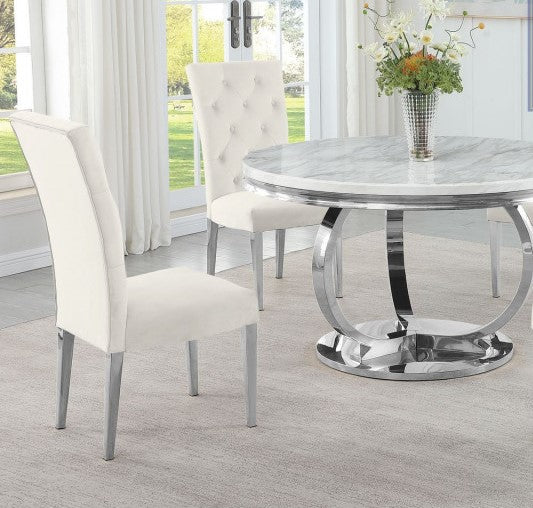 Modern Velvet Upholstered Dining Chair Set of 2, Chrome Finish Legs Tufted Kitchen Chair, Cream