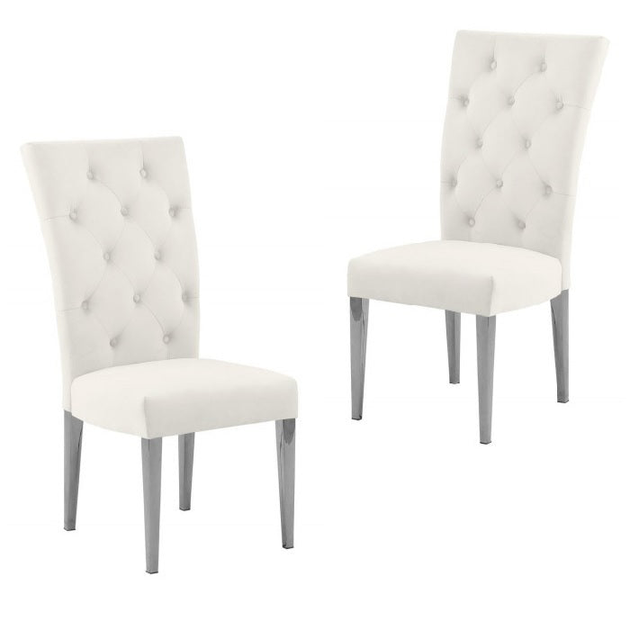 Modern Velvet Upholstered Dining Chair Set of 2, Chrome Finish Legs Tufted Kitchen Chair, Cream