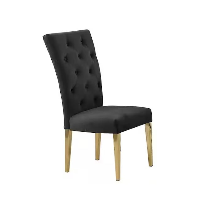 Modern Velvet Upholstered Dining Chair Set of 2, Gold Finish Legs Tufted Kitchen Chair, Black