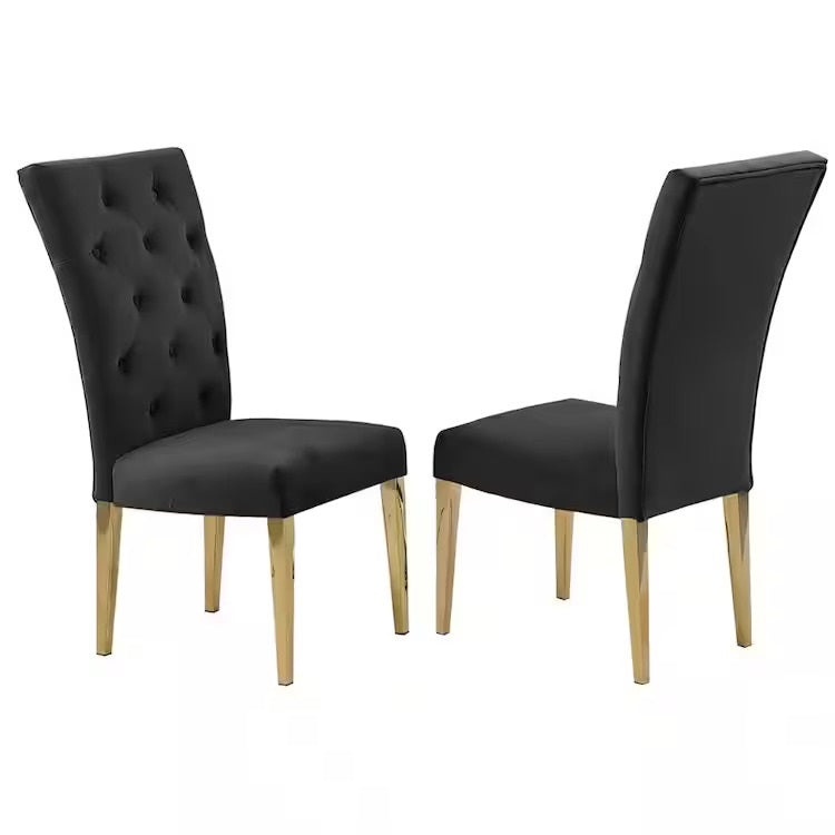 Modern Velvet Upholstered Dining Chair Set of 2, Gold Finish Legs Tufted Kitchen Chair, Black