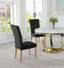 Modern Velvet Upholstered Dining Chair Set of 2, Gold Finish Legs Tufted Kitchen Chair, Black