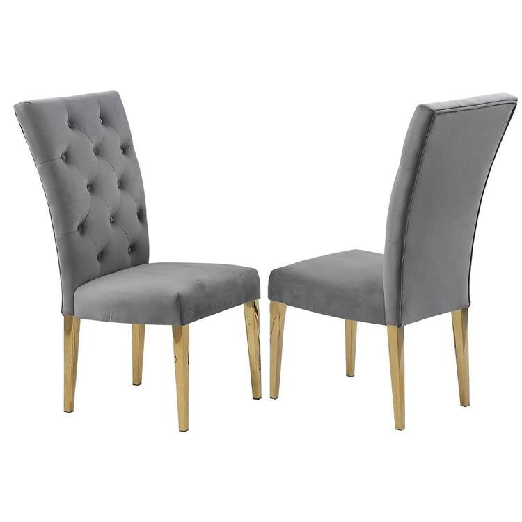 Modern Velvet Upholstered Dining Chair Set of 2, Gold Finish Legs Tufted Kitchen Chair, Gray