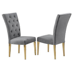 Modern Velvet Upholstered Dining Chair Set of 2, Gold Finish Legs Tufted Kitchen Chair, Gray