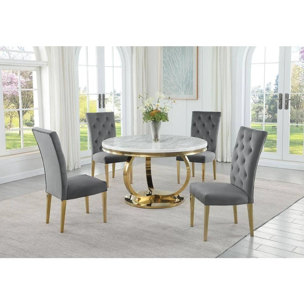 Modern Velvet Upholstered Dining Chair Set of 2, Gold Finish Legs Tufted Kitchen Chair, Gray