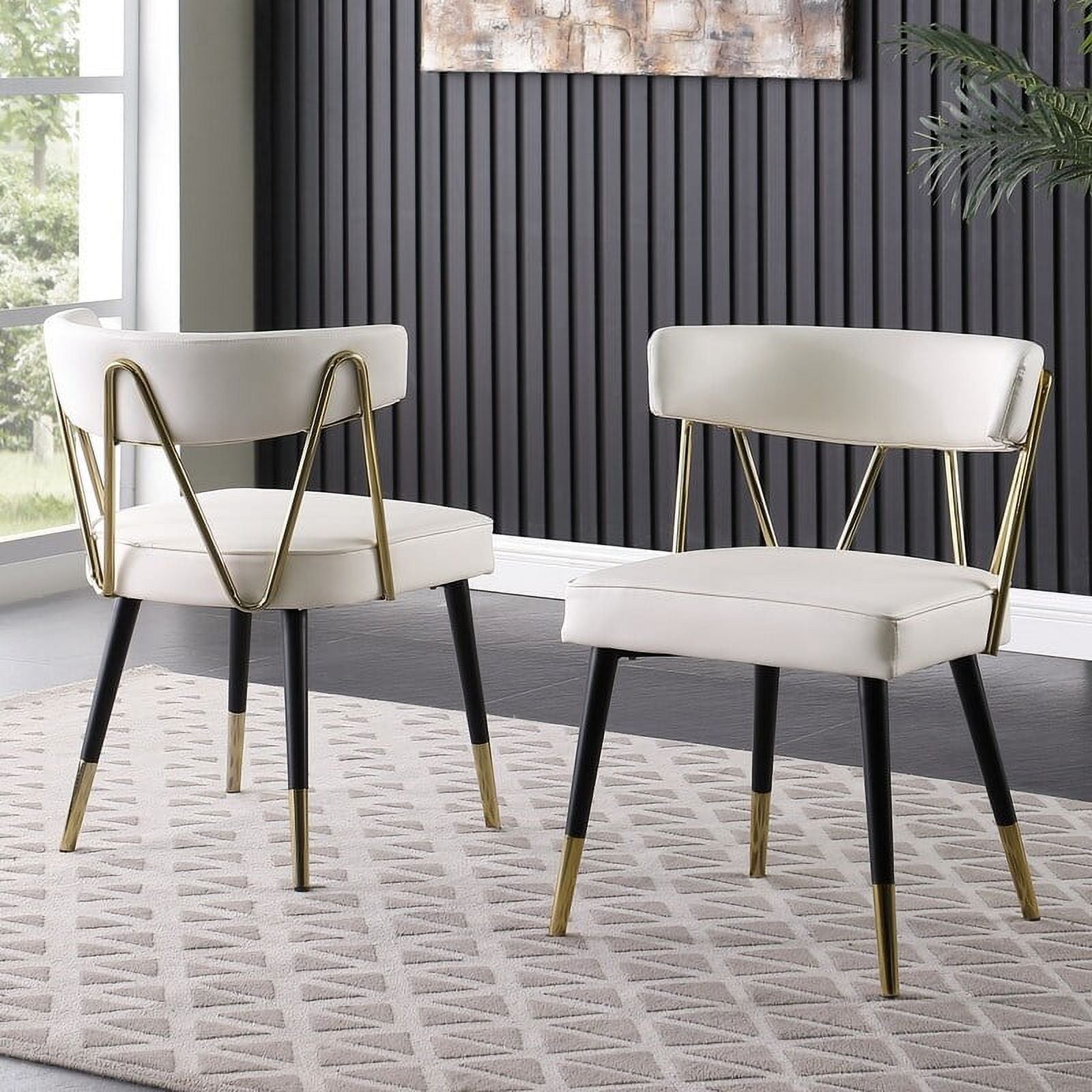 Glam Faux Leather Dining Chair Set of 2 with Gold Trim, Padded Seat Upholstered Kitchen Side Chair, Ivory