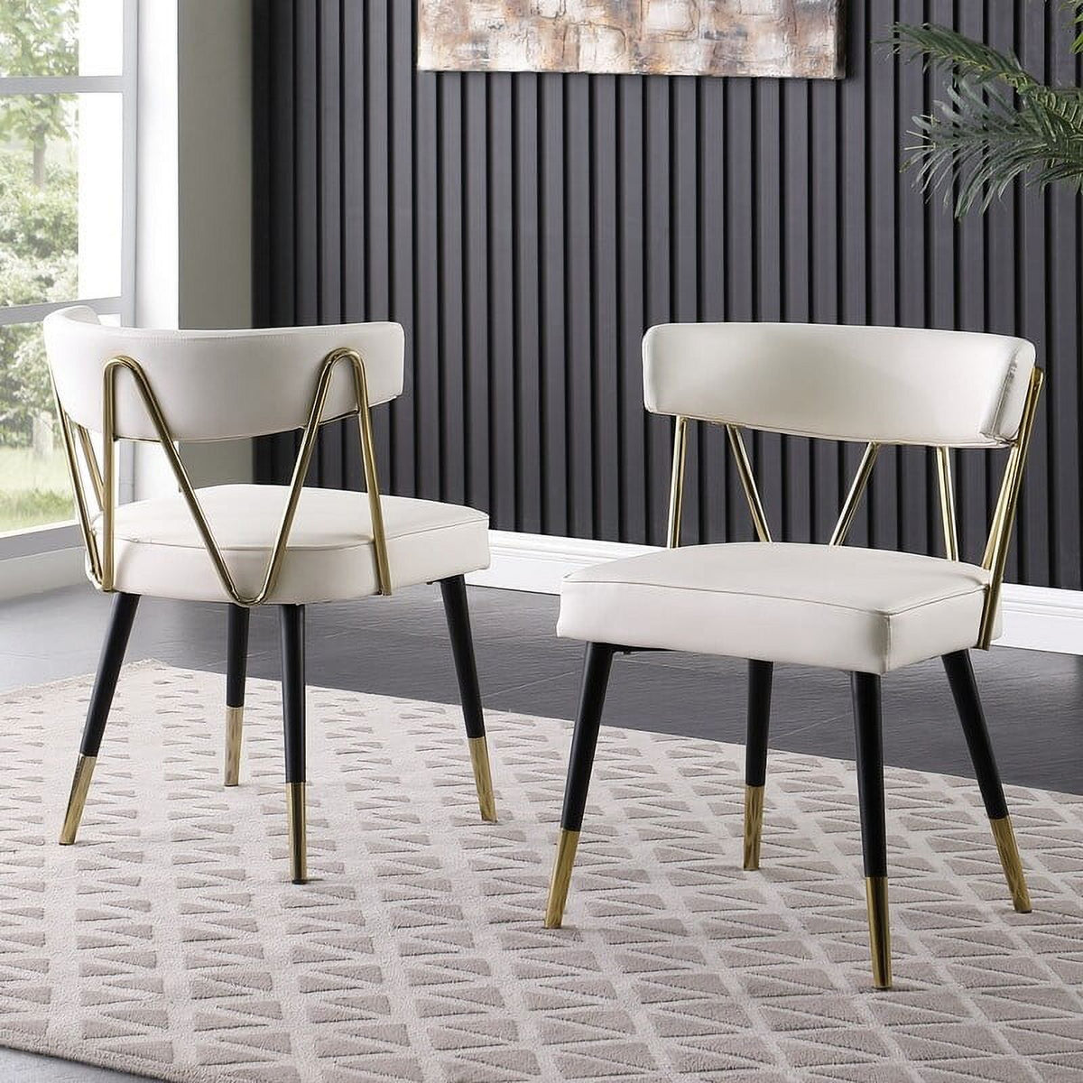 Glam Faux Leather Dining Chair Set of 2 with Gold Trim, Padded Seat Upholstered Kitchen Side Chair, Ivory