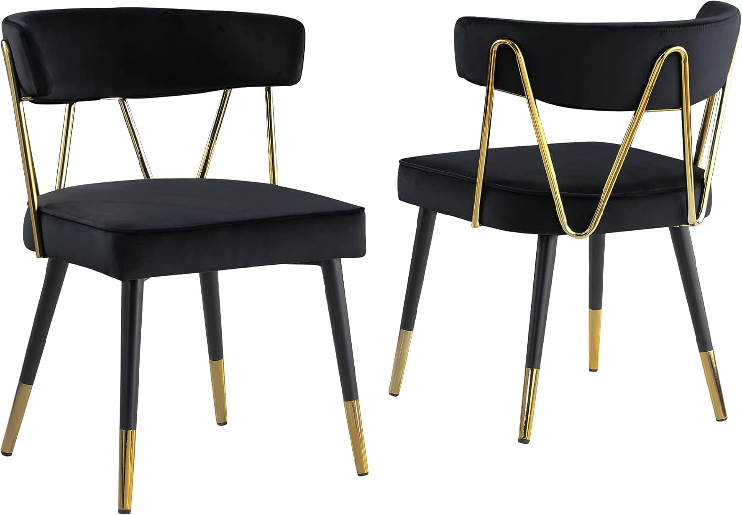 Glam Velvet Dining Chair Set of 2 with Gold Trim, Padded Seat Upholstered Kitchen Side Chair, Black