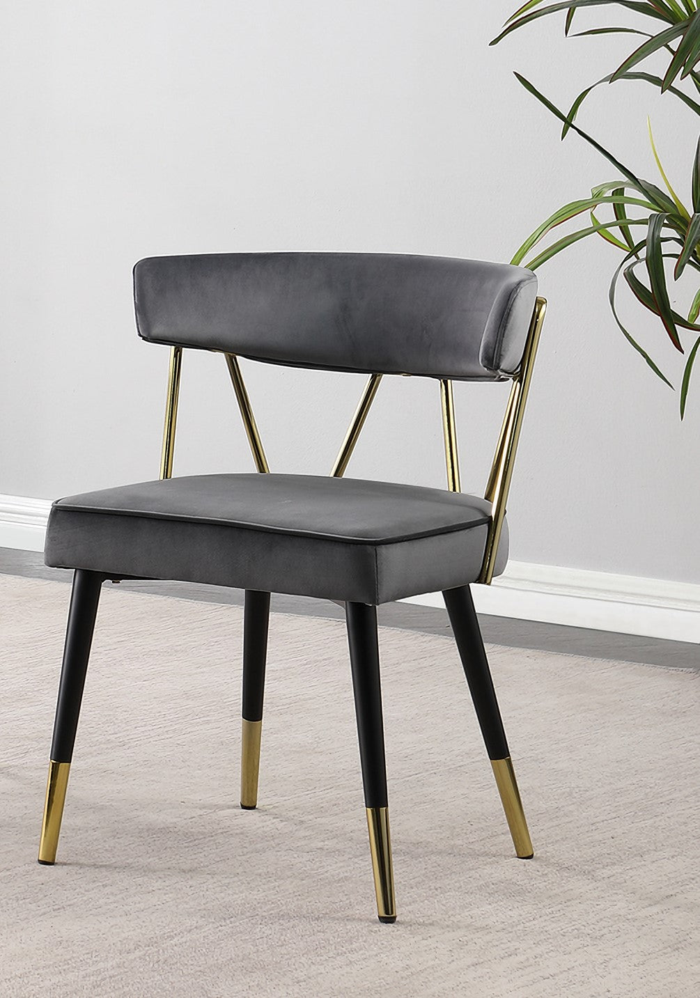 Glam Velvet Dining Chair Set of 2 with Gold Trim, Padded Seat Upholstered Kitchen Side Chair, Gray