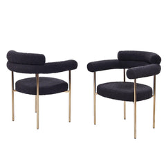 Set of 2 Boucle Fabric Kitchen Dining Chair with Armrest, Accent Upholstered Armchair, Brushed Gold Trim Metal Frame, Black