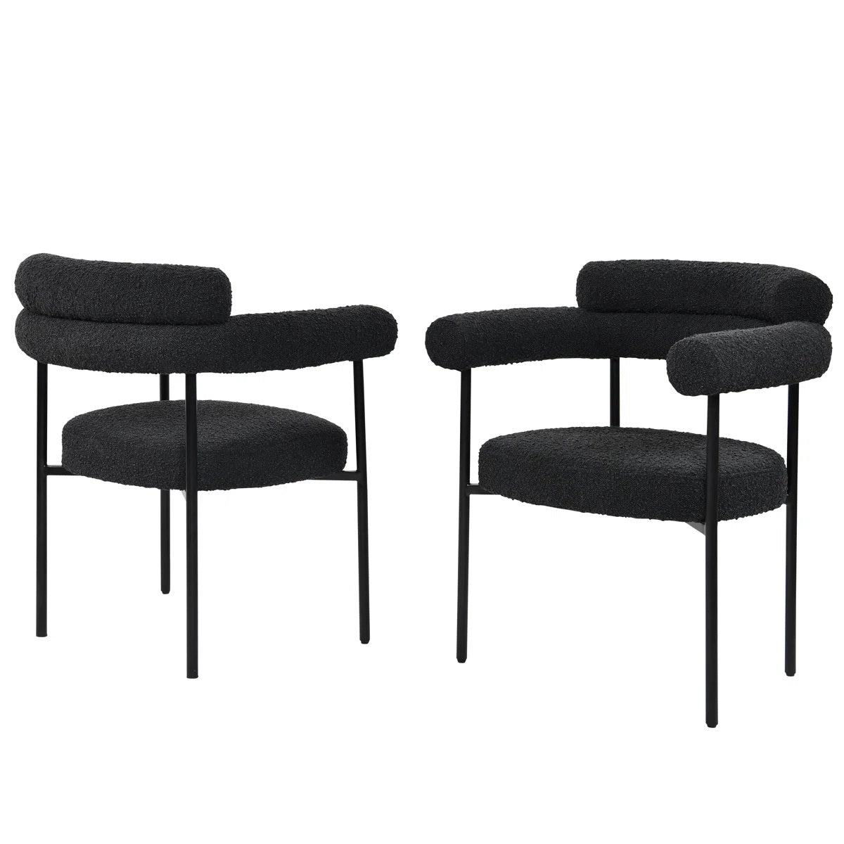 Set of 2 Boucle Fabric Kitchen Dining Chair with Armrest, Accent Upholstered Armchair, Metal Frame, Black