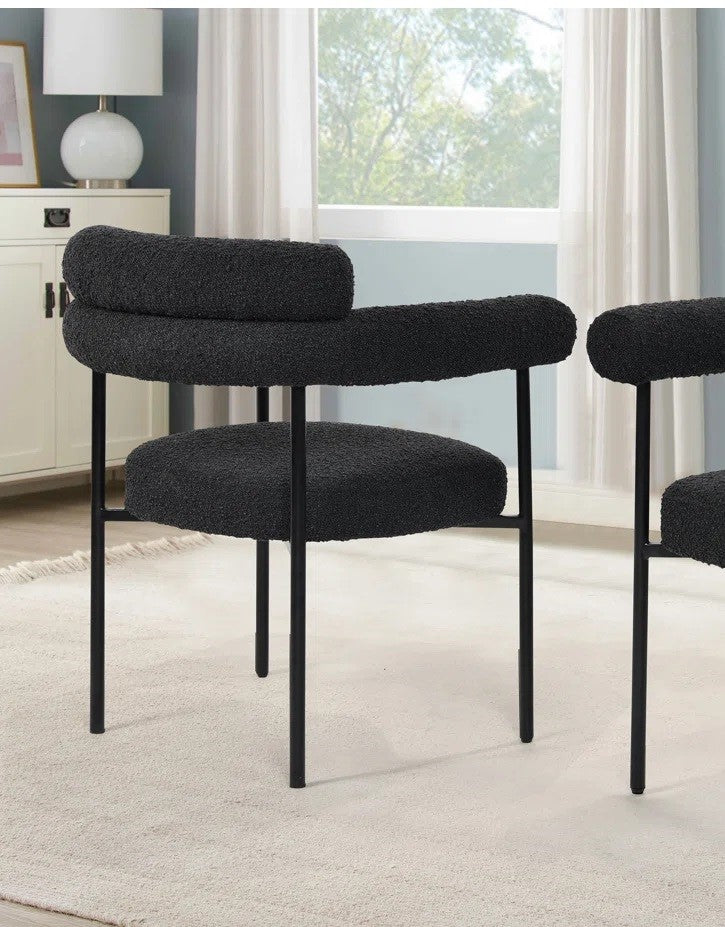 Set of 2 Boucle Fabric Kitchen Dining Chair with Armrest, Accent Upholstered Armchair, Metal Frame, Black