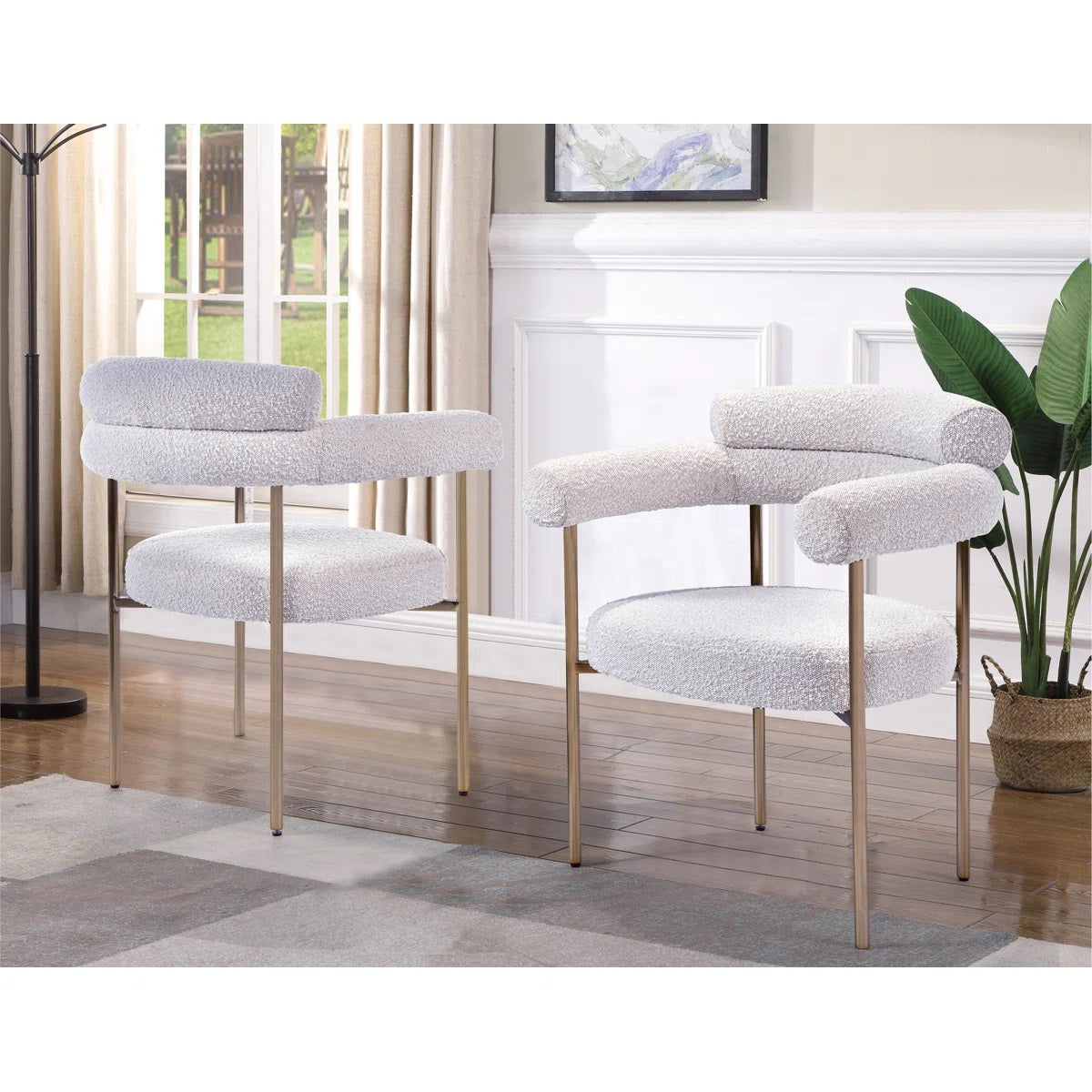 Set of 2 Boucle Fabric Kitchen Dining Chair with Armrest, Accent Upholstered Armchair, Brushed Gold Trim Metal Frame, Cream