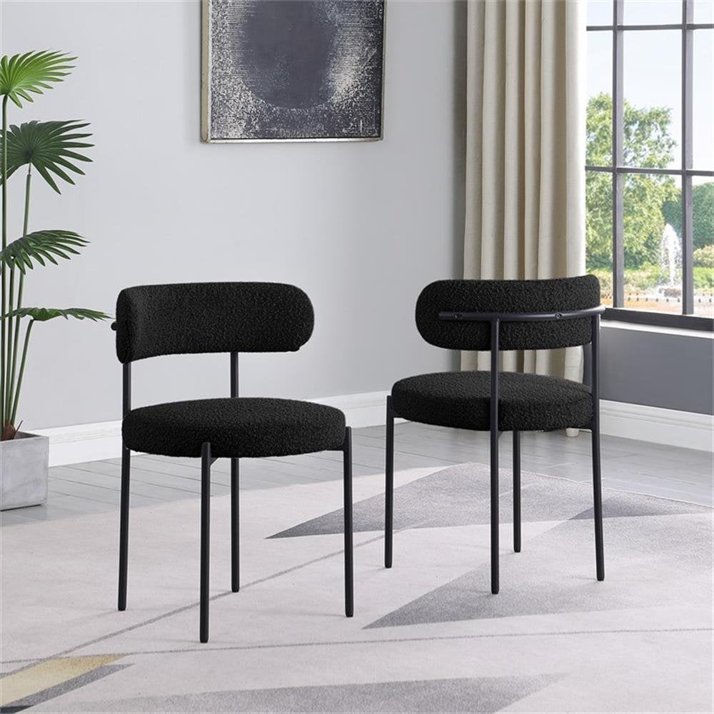 Contemporary Dining Chair Set of 2, Boucle Fabric Upholstered Kitchen Chair with Metal Frame, Black