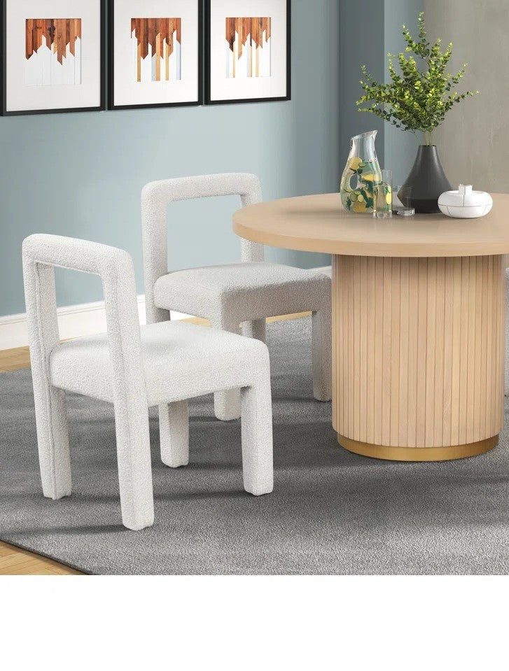Modern Dining Chair Set of 2, Boucle Upholstered Kitchen Chair Set with Square Open Back, White
