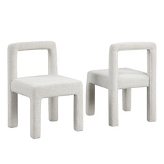 Modern Dining Chair Set of 2, Boucle Upholstered Kitchen Chair Set with Square Open Back, White