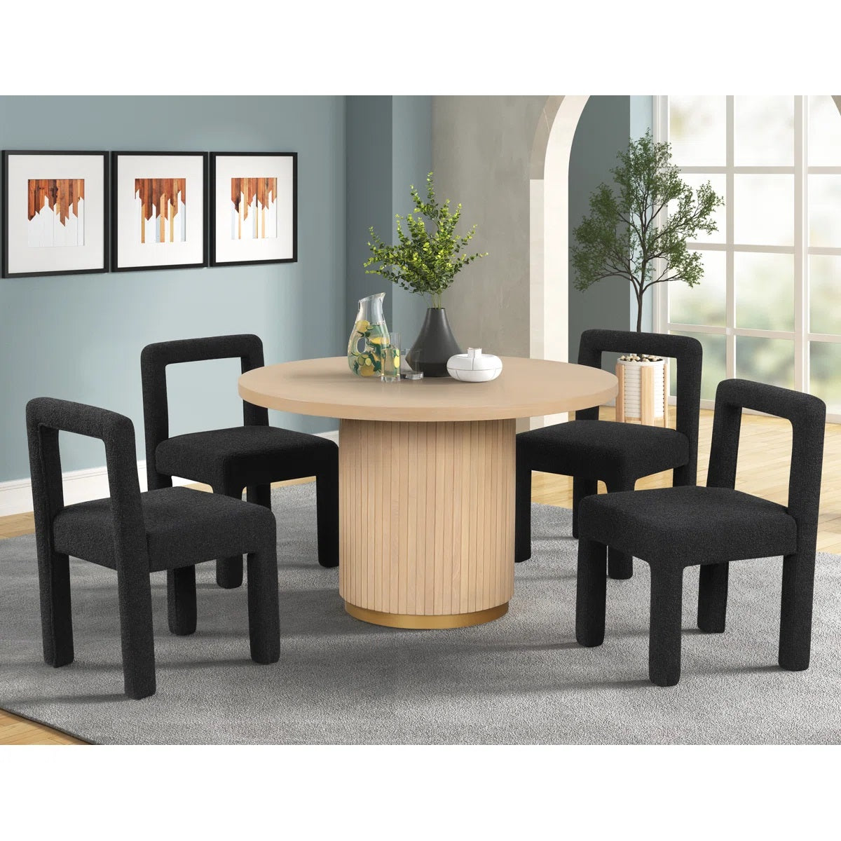 Modern Dining Chair Set of 2, Boucle Upholstered Kitchen Chair Set with Square Open Back, Black
