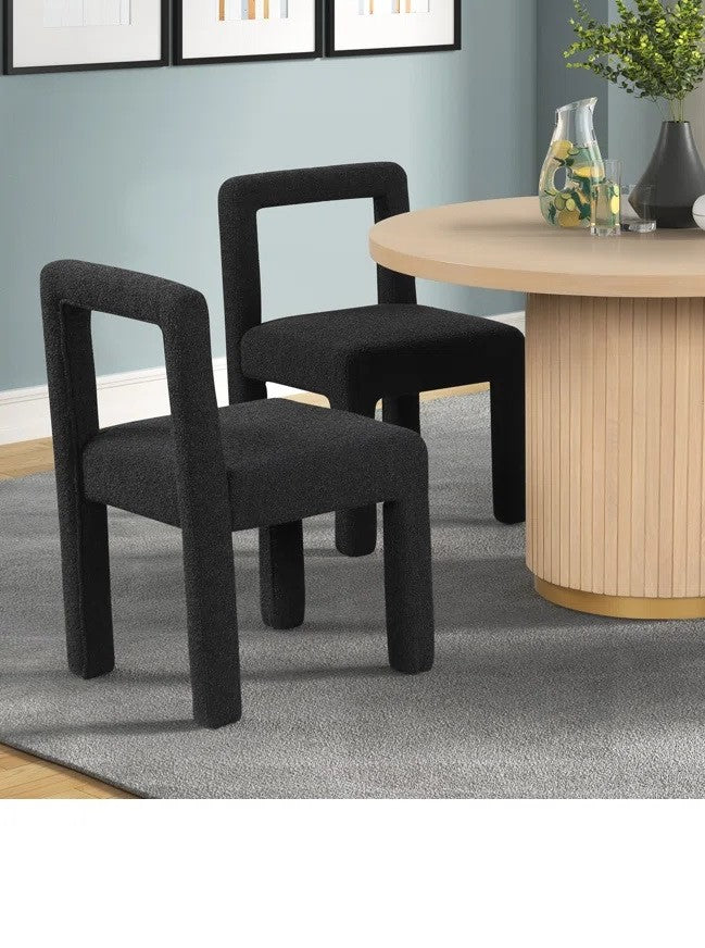 Modern Dining Chair Set of 2, Boucle Upholstered Kitchen Chair Set with Square Open Back, Black