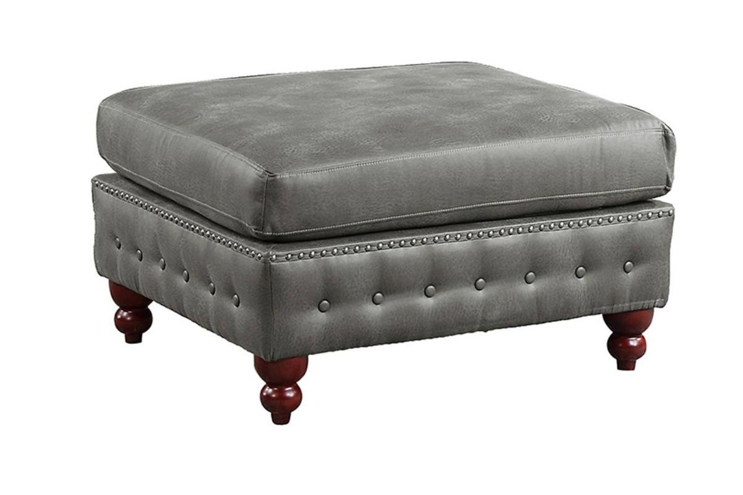 1pc Cocktail Ottoman Slate Gray Breathable Leatherette Tufted Nailhead Wooden Legs Living Room Furniture