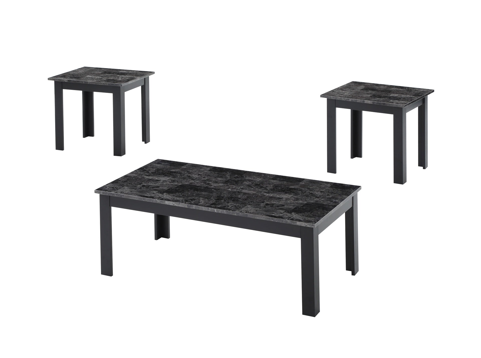 3pc Set Traditional Style Rectangular Coffee Table Square Shape End Table Wooden Legs Black Finish Faux Marble Top Wooden Furniture Gray Finish