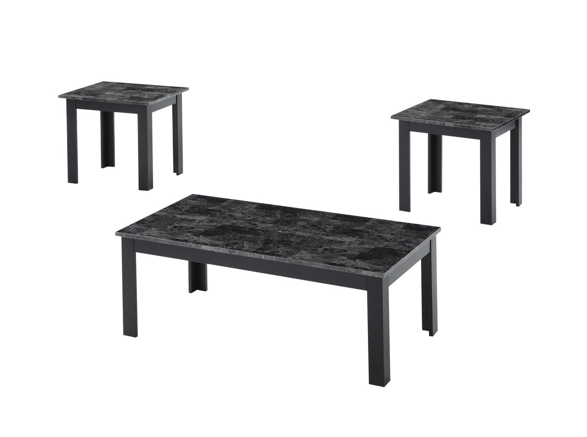 3pc Set Traditional Style Rectangular Coffee Table Square Shape End Table Wooden Legs Black Finish Faux Marble Top Wooden Furniture Gray Finish