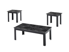 3pc Set Traditional Style Rectangular Coffee Table Square Shape End Table Wooden Legs Black Finish Faux Marble Top Wooden Furniture Gray Finish