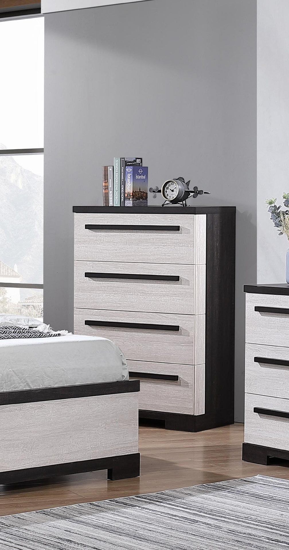 1pc Contemporary 4-Drawer Chest Chalk White and Black Finish Wooden Bedroom Furniture