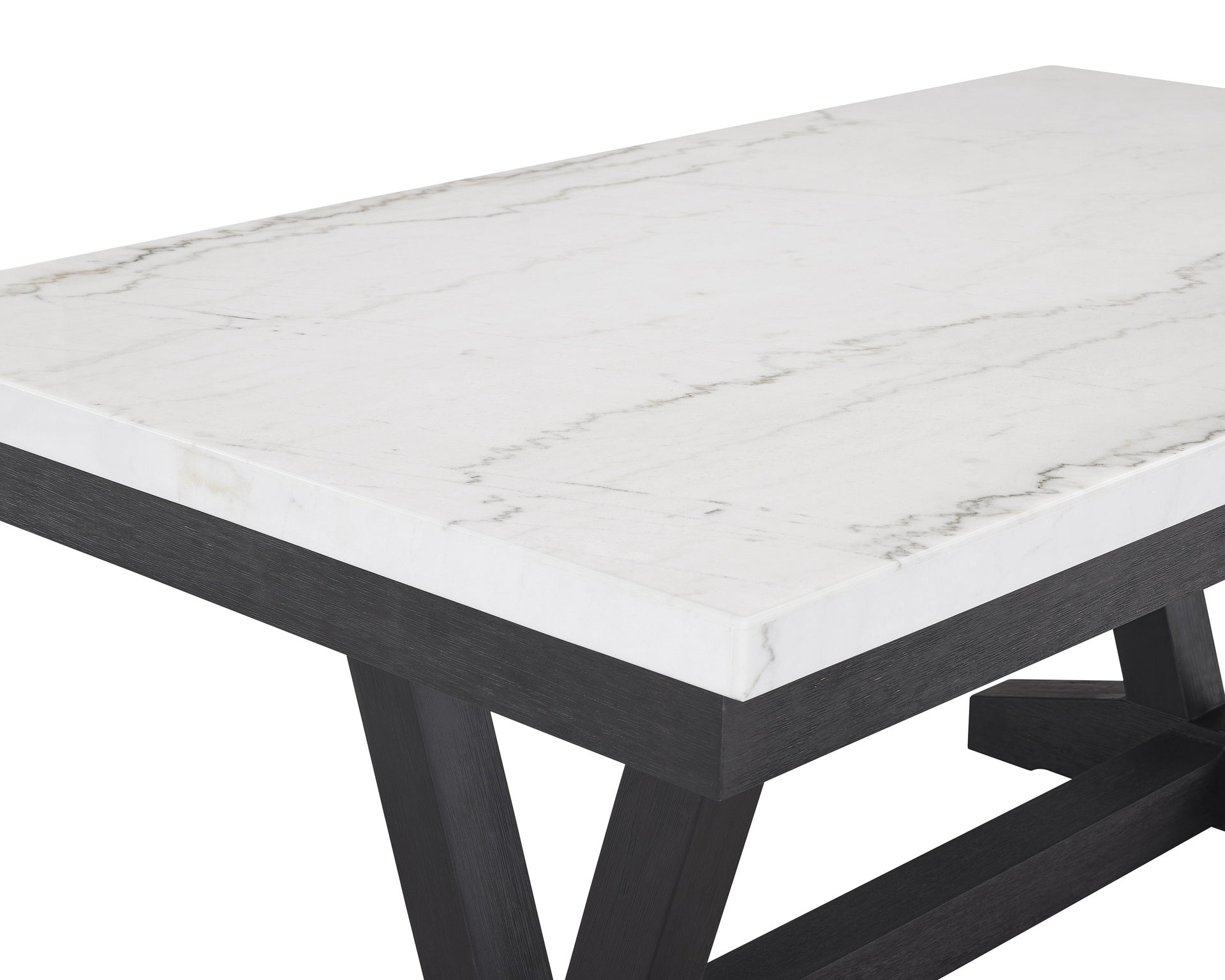 1pc Transitional Modern Formal Dining Table White Genuine Marble Rectangular Table Top Trestle Base Black Finish Legs Wooden Dining Room Furniture