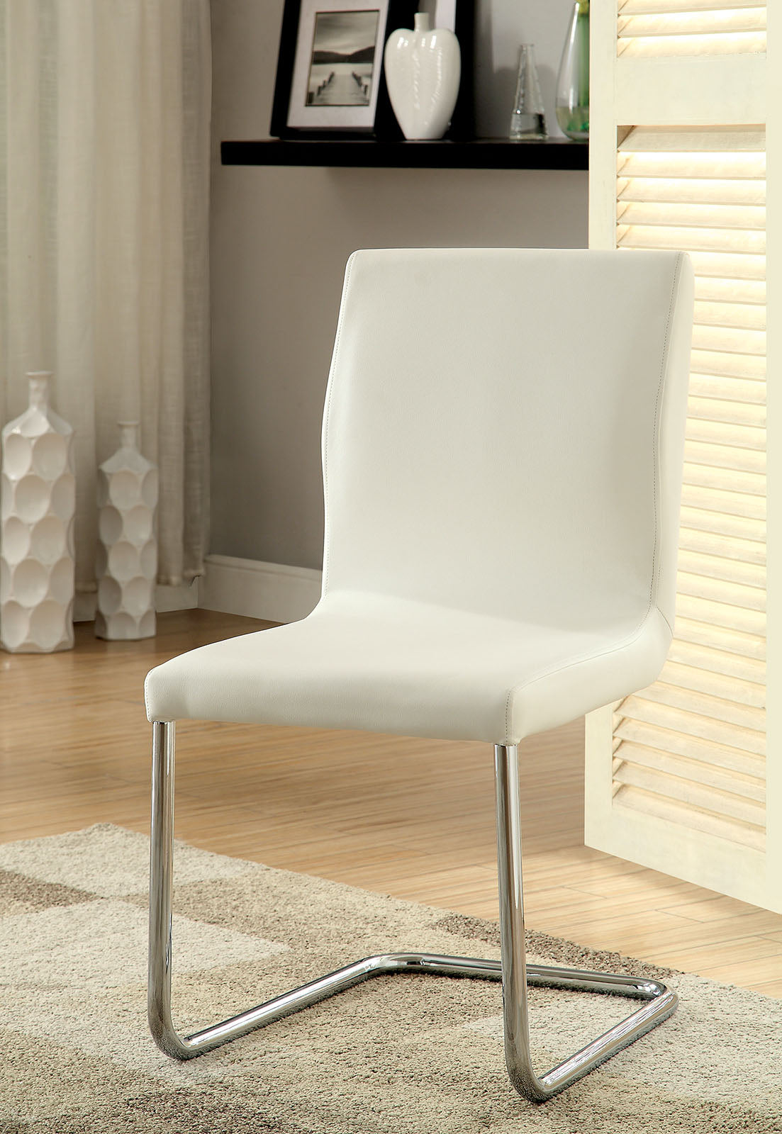 Modern Elegance White Color Leatherette 2pcs Dining Chairs Chrome Metal Legs Dining Room Side Chairs