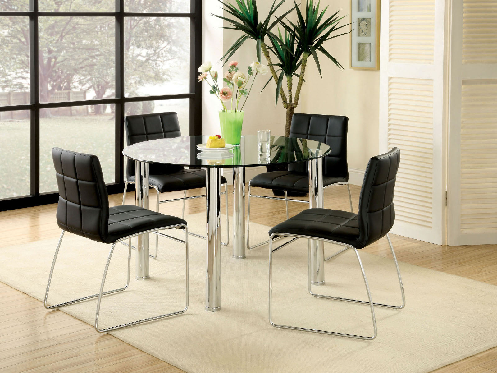 Black Color Leatherette 2pcs Dining Chairs Chrome Metal Legs Dining Room Side Chairs