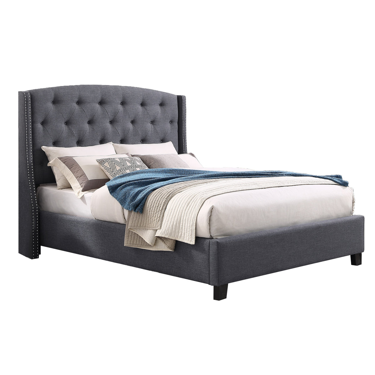 Belize 3-Piece Upholstered Bedroom Set, Tufted Wingback Bed with Two Gray Nightstands