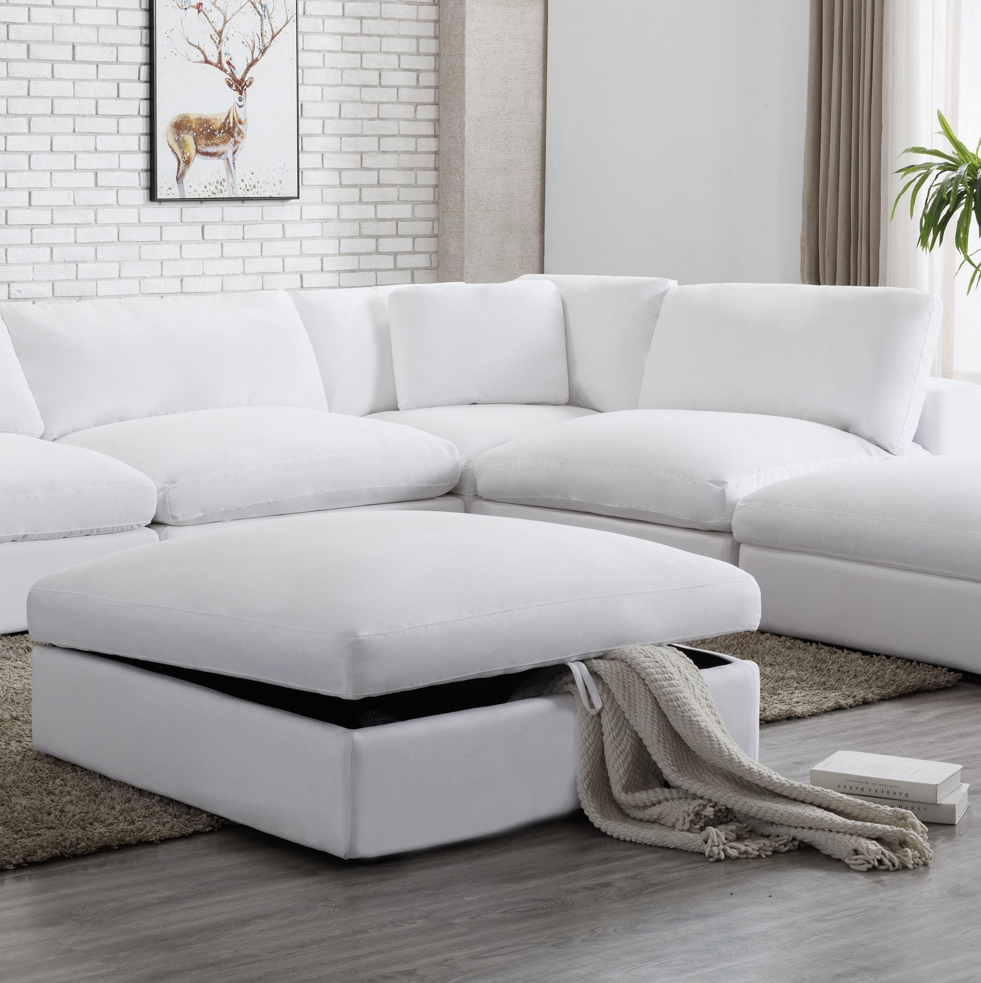 Rivas Contemporary Feather Fill Ottoman, White