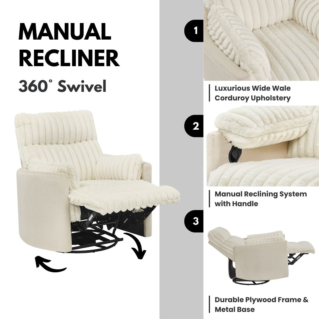 Bocaton Wide Wale Corduroy Upholstery Manual Recliner, White