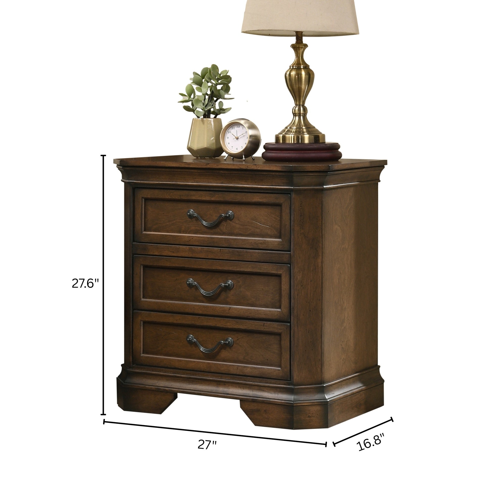 Maderne Traditional Wood 3-Drawer Nightstand, Antique Walnut/Brown