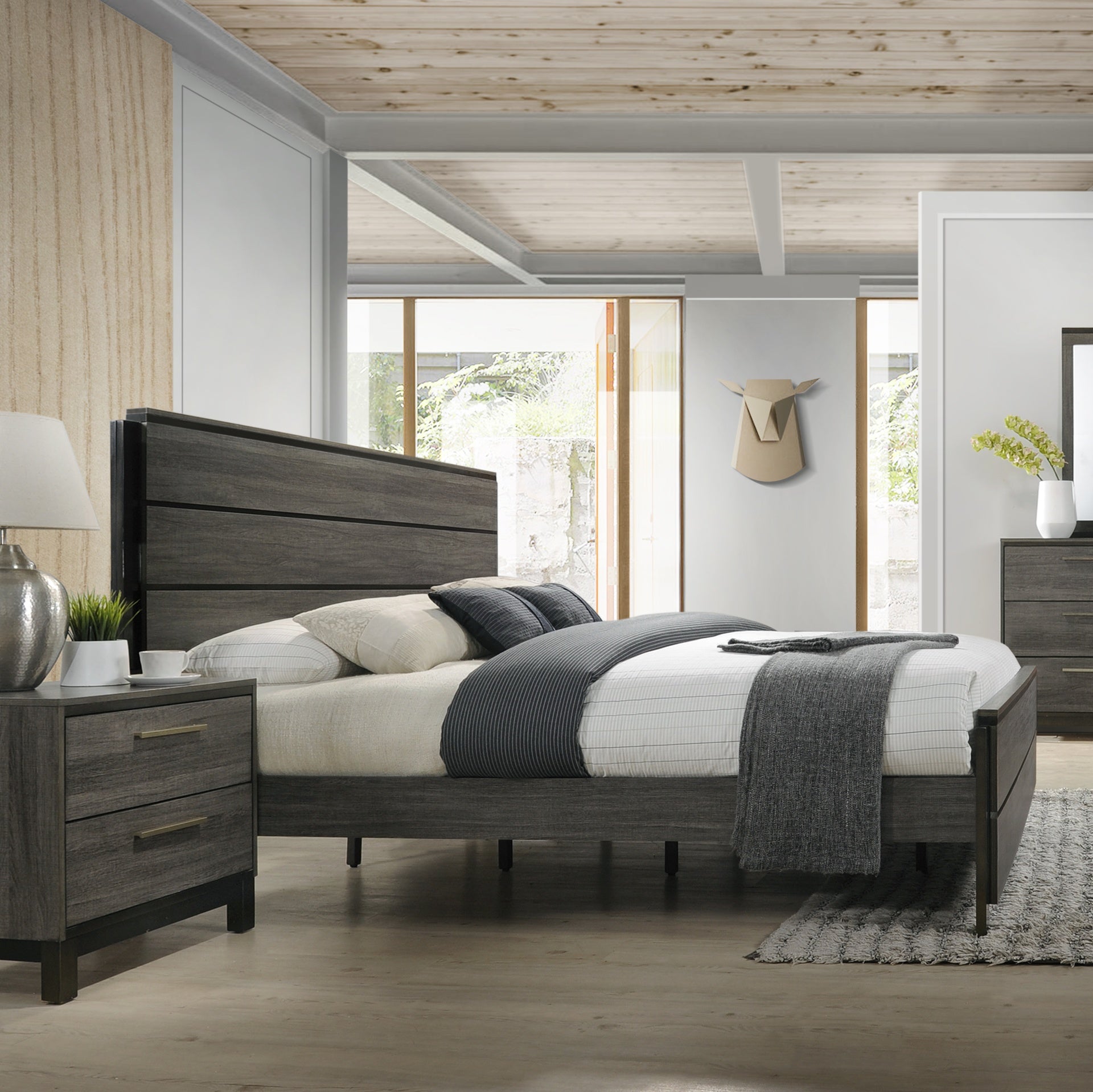 Ioana Antique Grey Finish Wood Bed Room Set, King Size Bed, Dresser, Mirror, Night Stand, Chest